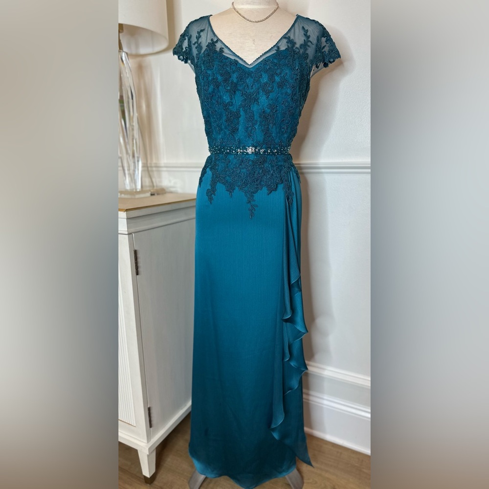 Jade Couture Teal Lace Bodice Evening Dress with Beaded Waist